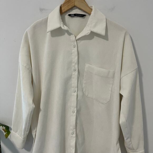 Zara White Corduroy Long Sleeve Button Up Top Size Small - Picture 2 of 5
